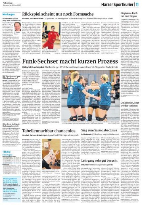 HVW bestimmt die erste Seite der Volksstimme Sportseite